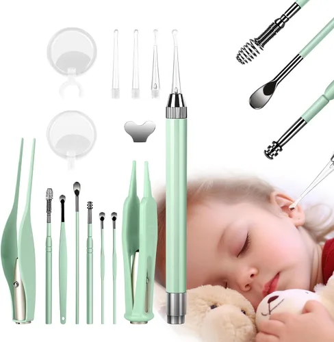 Vista 13 de POZILAN Pinzas para Cerumen con luz LED - Juego de 8 herramientas de limpieza para quitar cera de oído para niños y adultos, cuchara para cerumen