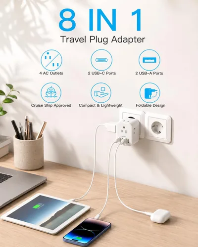 Vista 3 de HANYCONY - Paquete de 2 adaptadores de enchufe de viaje europeos, adaptador de corriente internacional de 4 tomas, 4 puertos USB C (2 USB C)