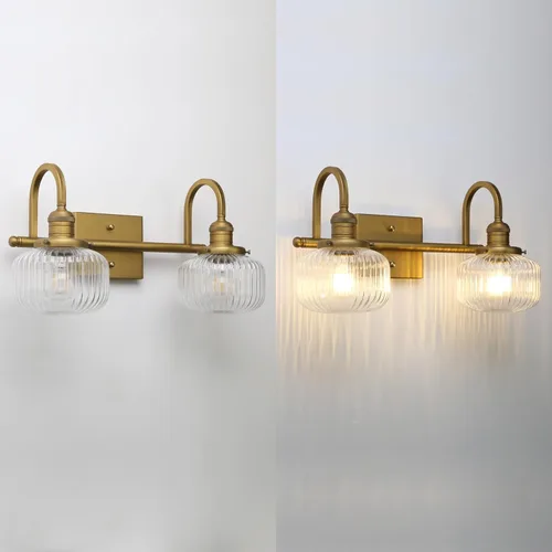 Vista 8 de Aplique de pared de vidrio de 2 luces con pantalla de globo a rayas transparentes, lámpara de pared de latón envejecido industrial para sala