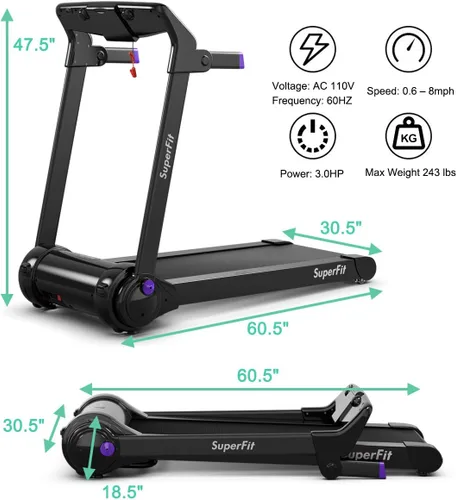 Vista 7 de Cinta de correr plegable motorizada 3.0HP, cintas de correr portátiles con pantalla digital HD, altavoz de dientes azules y control de aplicación