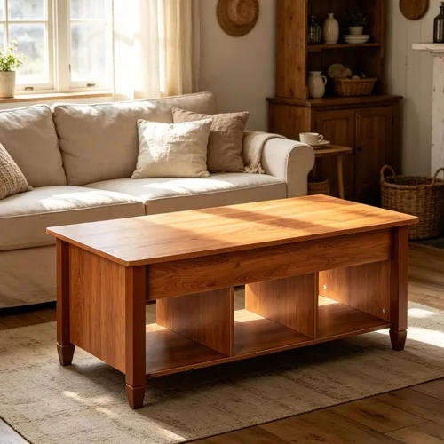Vista 5 de VINGLI Farmhouse Lift Top Coffee Table,41" Living Room Table,Chestnut Brown Solid Wood Legs, Hidden Storage, 3 Open Shelves, Lifting Tabletop, for