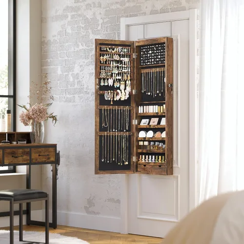 Vista 8 de SONGMICS - Gabinete organizador de joyas con 6 luces LED, para montar en la pared o en la puerta, de 47.3pulgadas de alto, con espejo y 2 cajones