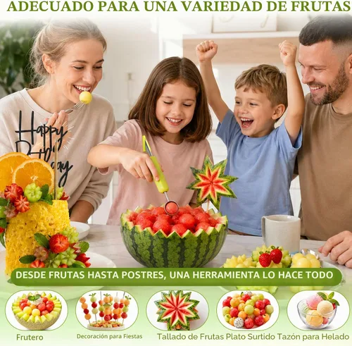 Vista 2 de Juego de palas de melón Suuker, 4 en 1 cortadores de frutas con formas, cuchara de sandía, cuchara de frutas y pelador de bolas, herramientas