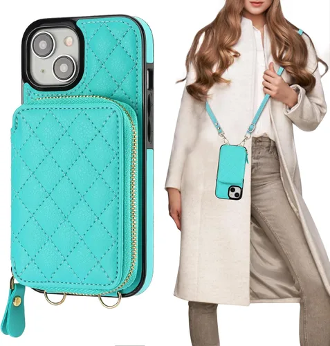 Vista 11 de Bocasal Funda tipo cartera con bandolera para iPhone 15, de cuero PU con bloqueo RFID, con cierre de cremallera, cartera tipo bolso con función