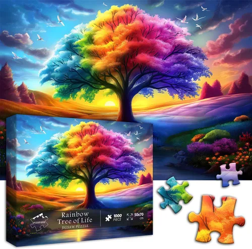 Vista 2 de Rompecabezas del Árbol del Arco Iris de la Vida para Adultos de 1000 Piezas, Rompecabezas de Gradiente de Paisaje Colorido, Rompecabezas