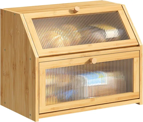 Vista 8 de BMOSU Panera grande de doble capa para encimera de cocina, almacenamiento de madera de bambú (negro)