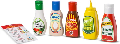 Vista 9 de Melissa & Doug, ¡Juguemos a la casa! Accesorios de cocina, Latas de comida, 10 latas apilables con tapas extraíbles Latas de comestibles
