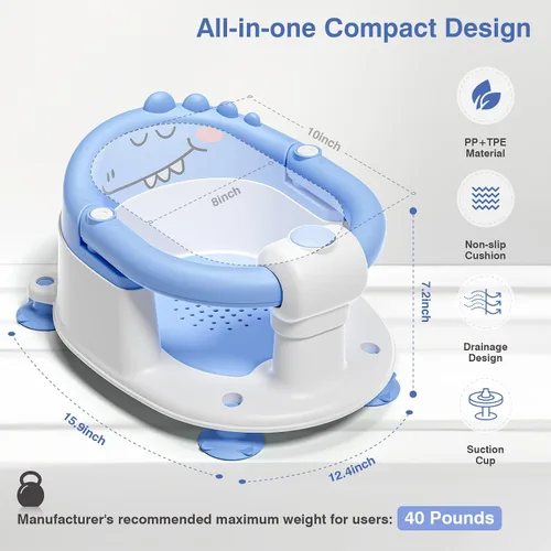 Vista 4 de Asiento de baño para bebés de 5 meses en adelante, asiento de baño antideslizante para sentarse, cojín suave y diseño compacto, asiento de bañera