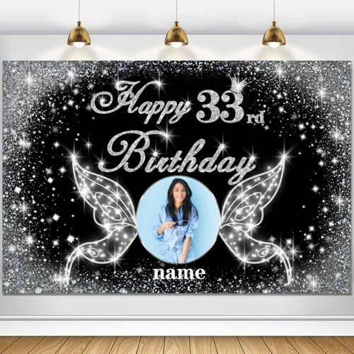 Vista 71 de Cartel personalizado de decoración de fiesta de cumpleaños número 100 - tema de alas de ángel - negro y plateado HY-NLK-100º