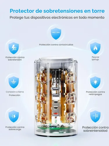 Vista 6 de Regleta de alimentación de torre con 1 puerto dedicado de carga rápida PD 20W, 12 tomas, 5 puertos USB (3 USB-C), protector de 1800J, estación