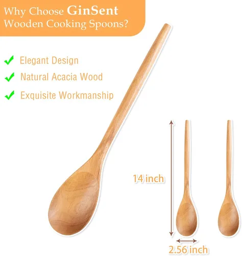 Vista 2 de GinSent 2 cucharas de madera para cocinar, cucharas de madera de 14 pulgadas, cucharas de cocina de agarre cómodo, cuchara de madera, utensilios