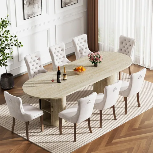 Vista 3 de SSLine Mesa de comedor extensible ovalada para 4 a 10 personas, mesa de cocina expandible de 63 a 94 pulgadas de largo con base de almacenamiento