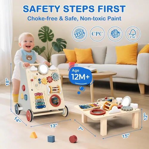 Vista 3 de 3 in 1 Wooden Baby Push Walker, Montessori Push Walker for Babies 12 Months Andador de bebé con centro de actividades, velocidad ajustable, sentarse