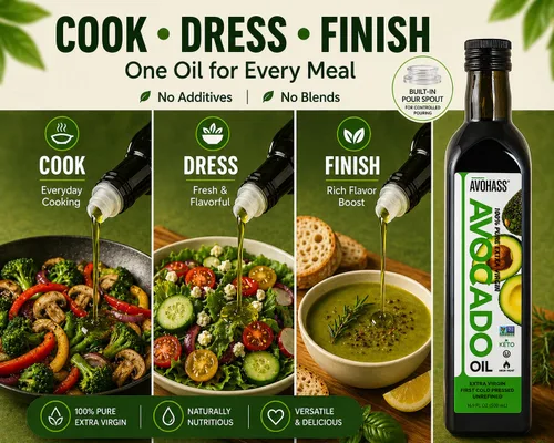 Vista 4 de Aceite de aguacate Avohass orgánico virgen extra Cocina diaria y acabado a 400 F; sabor mantecoso, delicado; sin OMG, Kosher; botella de vidrio