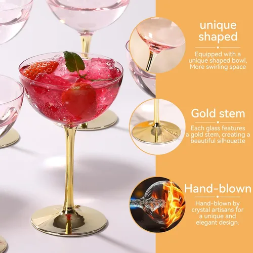 Vista 2 de Juego de 6 Copas de Martini Rosas Cyrelwing Juego de Copas Coupe de Color Rosa Pálido para Espresso, Martini, Champán