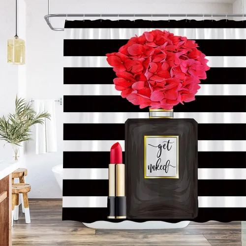Vista 6 de Cortina de ducha negra con diseño de flores para niña, mujer, pintalabios, encantadora decoración de baño, juego de baño con gancho, 36 pulgadas