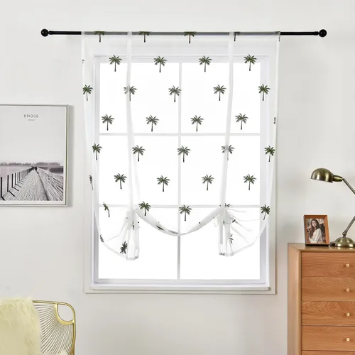 Vista 2 de 1 cortina romana con bolsillo para barra, bordado de árbol de coco para cuarto de bebé, dormitorio, sala de estar, puerta, cocina, baño, decoración