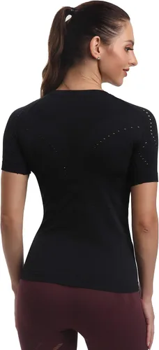 Vista 2 de RUNNING GIRL Camisas de entrenamiento sin costuras para mujer, camisetas de manga corta con cuello redondo, camisetas de yoga elásticas