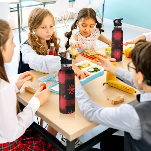 Vista 6 de Kids Water Bottle for School, Kids Water Bottle Stainless Steel for Travel or School 20 Oz, BPA-Free, Red Snowflakes Black Buffalo Plaid