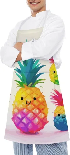Vista 4 de MUSM Apron for Adults - 27.6 X 31.5 Inch, Heavy-Duty Polyester Aprons with Two Large Pockets, Waterproof Rainbow Pineapple Cartoon Kitchen Apron for