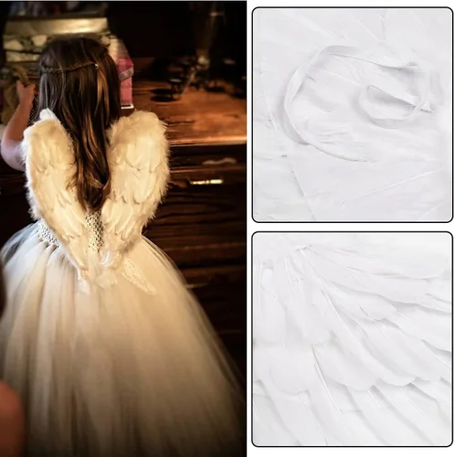 Vista 8 de Diadema de alas de ángel y halo para niños y niñas, alas de plumas blancas y negras para niños y adultos