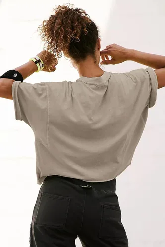 Vista 2 de Camisetas de entrenamiento de gran tamaño para mujer, manga corta, hombros caídos, casuales, holgadas, para gimnasio, yoga, atlética