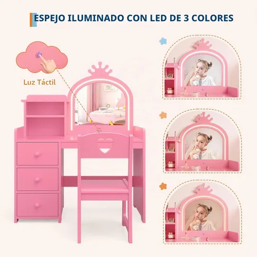 Vista 3 de Juego de mesa y silla para niños con espejo de luz y 3 cajones Rosa