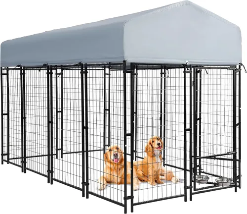 Vista 7 de Perrera para perros al aire libre, recinto para perros de 8 x 4 x 5.7 pies con cubierta de techo impermeable y 2 cuencos giratorios para perros