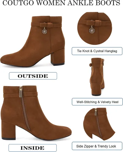 Vista 2 de Coutgo Womens Ankle Boots Chunky Block Low Heel Vintage Tie Knot Booties Shoes with Side Zipper