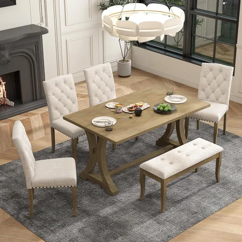 Vista 19 de Harper & Bright Designs 6-Piece Solid Wood Kitchen Dining Table Set, 60" Rectangular Table with 4 High-Back Tufted Upholstered Chairs & 1 Bench for