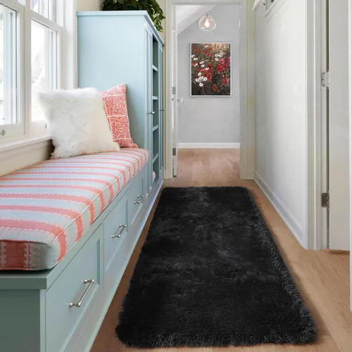 Vista 5 de ONASAR - Alfombra de pasillo negra de 2 x 6 pies, esponjosa, lavable, ultrasuave, afelpada, peluda, tapete para bebés, dormitorio de niños, armario