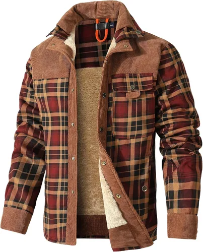 Vista 2 de Zaitun Camisa de franela de pana con forro de sherpa para hombre, chaqueta de manga larga con botones, abrigo de forro polar para hombre con bolsillo