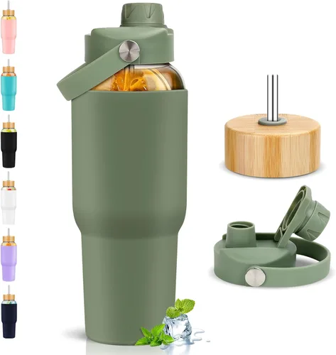 Vista 10 de PROBTTL Botellas de agua de vidrio de 32 onzas, vaso de vidrio de 1 litro, botella de agua de borosilicato con popote, funda de silicona, 2 tapas