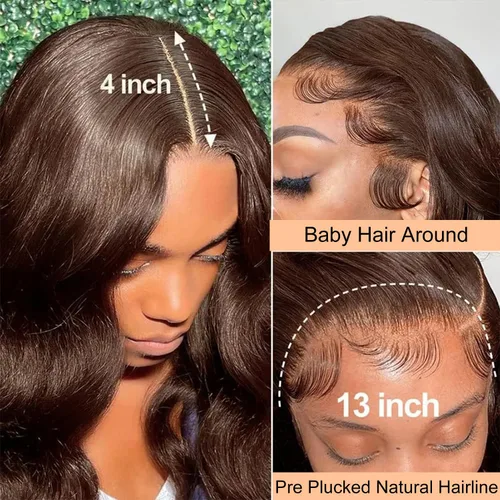 Vista 3 de Alipeacock Pelucas de cabello humano con encaje frontal marrón chocolate de 13 x 4 con cabello de bebé, densidad 180, pelucas de encaje frontal