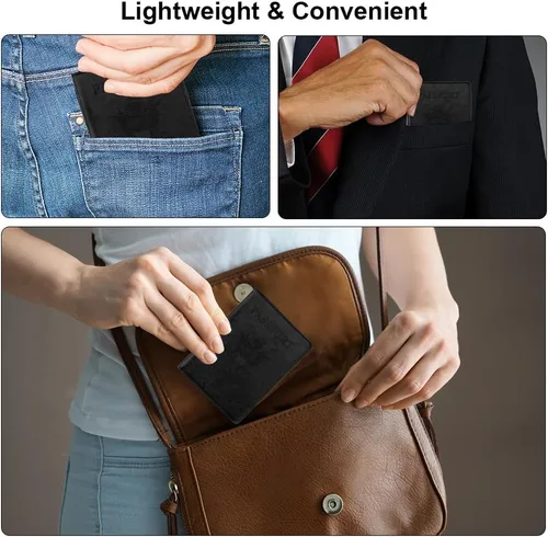Vista 7 de Funda de cuero para pasaporte - Cartera de pasaporte de viaje para mujeres y hombres, artículos esenciales para el aeropuerto con protector, Negro