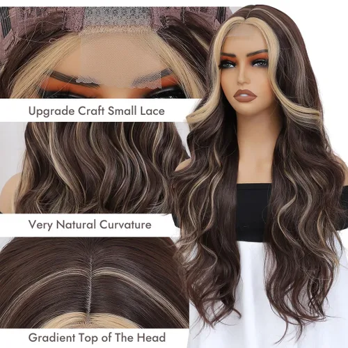 Vista 3 de Peluca de cabello sintético ondulado con encaje frontal, peluca marrón con reflejos rubios, pelucas largas onduladas de 28 pulgadas para mujeres