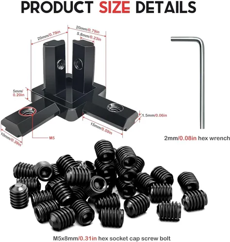 Vista 3 de 12 conectores de soporte de esquina de extremo de 3 vías negro serie 2020 con tornillos + 1 llave para ranura de 0.236 in, accesorios de riel