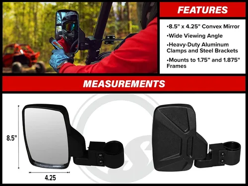Vista 3 de SuperATV Espejos laterales para Polaris Ranger/RZR/Ace/Kawasaki Teryx/Mule/Honda Pioneer/Can-Am Maverick/Yamaha/CFMOTO/Arctic Cat- See Fitment Se