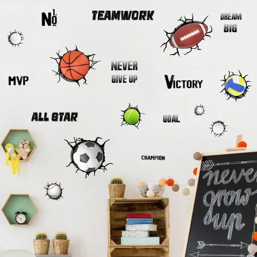 Vista 4 de YIMEHDAN Calcomanías de pared de pelotas deportivas 3D, fútbol, voleibol, rugby, baloncesto, tenis, vinilo para pared, diseño deportivo extraíble