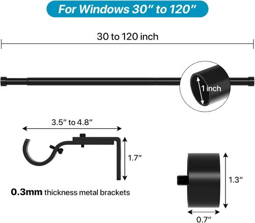 Vista 3 de Barras de cortina negras para ventanas de 66 a 120 pulgadas, barras de cortina resistentes de 1 pulgada ajustables, barra de cortina de metal Negro