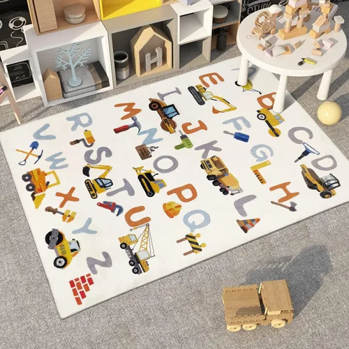 Vista 5 de Alfombra de construcción ABC de 3 x 5 pies para niños, alfombra de juego del alfabeto, alfombra de camión para dormitorio, juego de letras