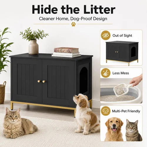 Vista 2 de Homhedy Gabinete para Caja de Arena para Gatos, Muebles de Baño para Gatos con Marco de Metal, Casa para Mascotas, Se Adapta a la Mayoría de Cajas