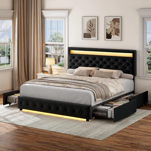 Vista 15 de Torana - Base de cama con luces LED, cabecero ajustable y 2 cajones, color blanco PU
