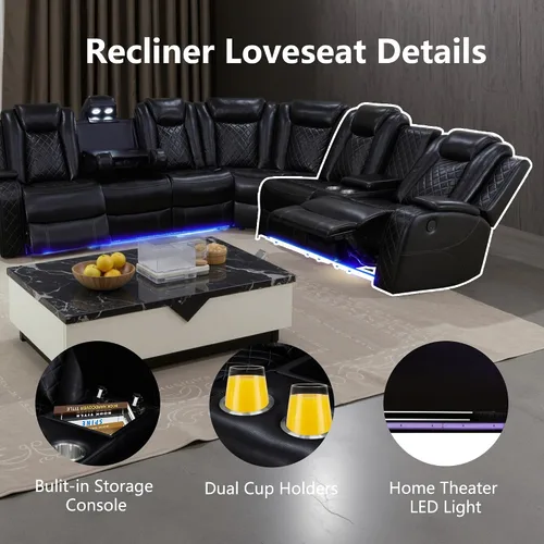 Vista 5 de Sofá seccional reclinable eléctrico con asiento de cine en casa con LED y puerto USB L Shaped Reclining Couch with Reading Lamp, Cup Negro