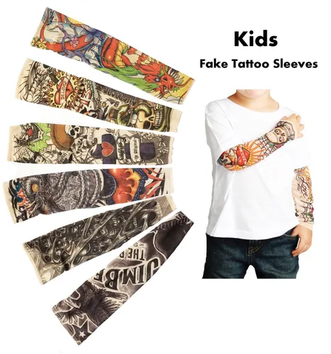 Vista 4 de 6 fundas temporales para tatuajes para niños y niñas, mangas de protección solar falsas para deportes al aire libre, equitación, ciclismo, A