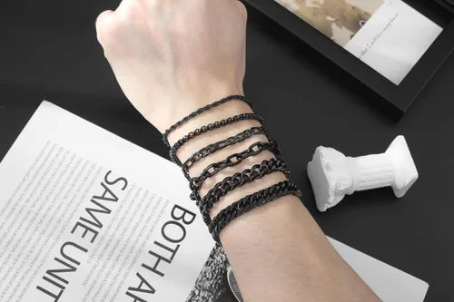 Vista 6 de XIANNVXI Juego de 6 pulseras de acero inoxidable para hombre y mujer, color plateado/dorado/negro, pulseras de eslabones cubanos, estilo soga