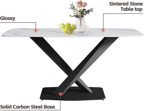 Vista 4 de Mesa de comedor moderna para 4, mesa de piedra sinterizada blanca brillante con base de acero al carbono sólido en forma de X, mesa rectangular