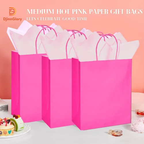 Vista 2 de DjinnGlory Paquete de 24 bolsas de regalo de papel rosa intenso de tamaño mediano con asas de 10 x 8 x 4 pulgadas y 24 papel de seda rosa para Rosa