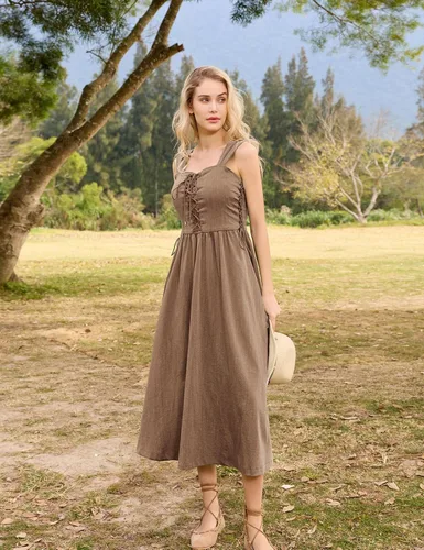 Vista 7 de Scarlet Darkness Vestido midi de verano renacentista para mujer, sin mangas, con cordones