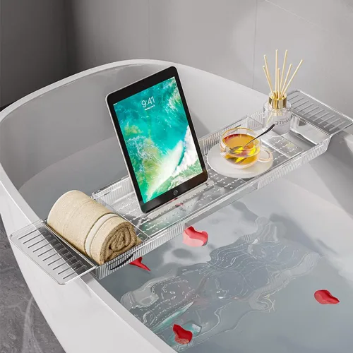 Vista 8 de Bandeja para bañera, bandeja de baño ajustable para bañera, accesorios de baño, organizador de bañera para baño, spa de lujo, organizador de bañera